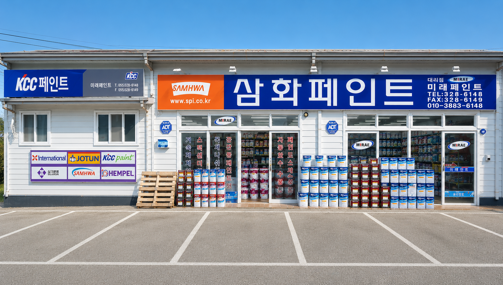 미래페인트 매장 전경 — 삼화페인트·KCC 대리점 간판